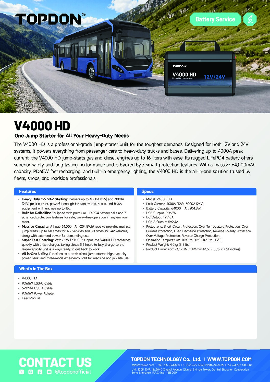 Topdon V4000 HD Φορητός Εκκινητής Μπαταρίας Αυτοκινήτου 4000A με Φακό 12/24V - Image 7
