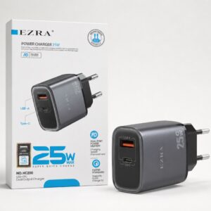 EZRA HC200 Φορτιστής Πρίζας USB 25W Fast Charging PD με 2 Θύρες USB-A & USB-C – Μαύρος